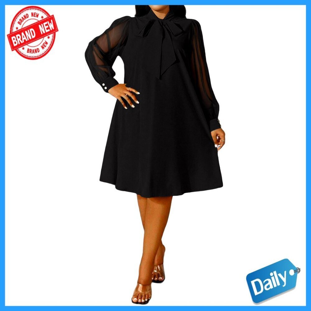 Puff Sleeve A-Line Dress V Neck Bow Loose Flowy Cocktail Party with Pockets